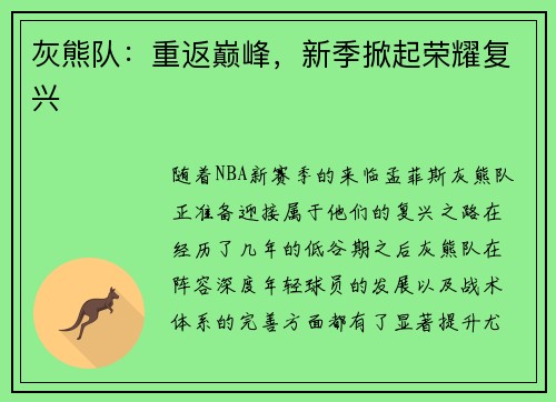 灰熊队：重返巅峰，新季掀起荣耀复兴