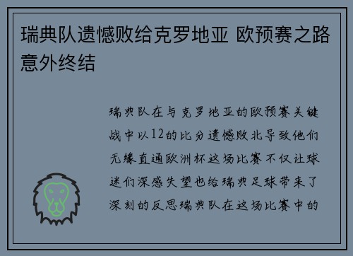 瑞典队遗憾败给克罗地亚 欧预赛之路意外终结