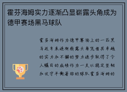 霍芬海姆实力逐渐凸显崭露头角成为德甲赛场黑马球队 霍芬海姆实力逐渐凸显崭露头角成为德甲赛场黑马球队