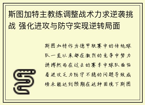 斯图加特主教练调整战术力求逆袭挑战 强化进攻与防守实现逆转局面