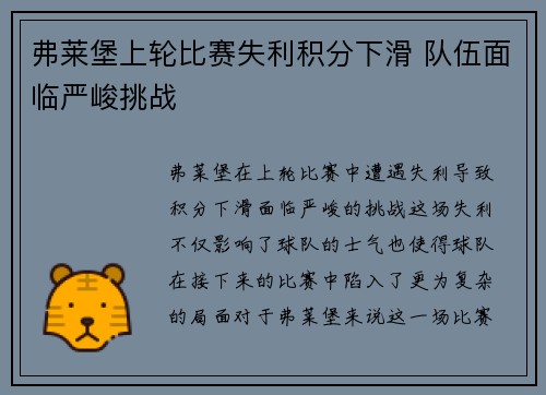 弗莱堡上轮比赛失利积分下滑 队伍面临严峻挑战